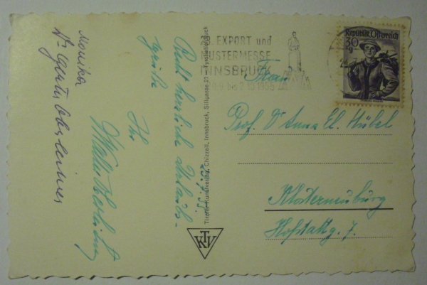 Ansichtskarte Innsbruck, Trimphpforte mit Nordkette (1955)